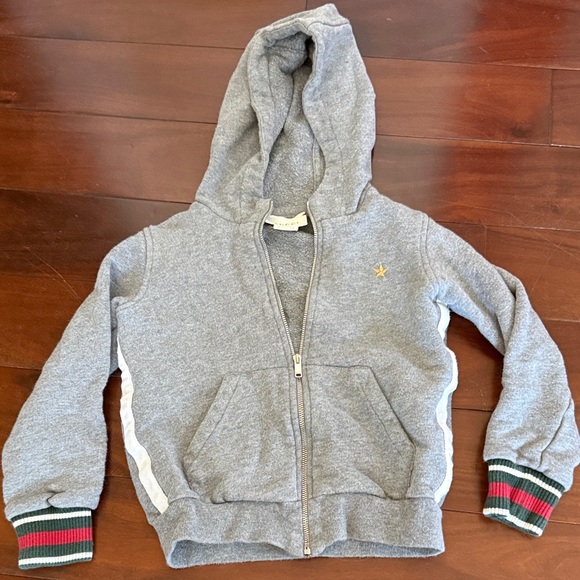 Gucci Gray Kids Hoodie with Green and Red Striped Cuffs